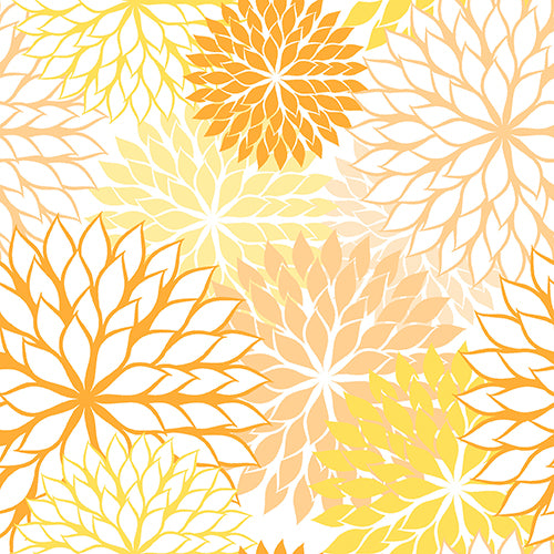 Diese 20 PAPSTAR Servietten (40 x 40 cm) der PAPSTAR GmbH bestechen durch ein nahtloses Blumenmuster in Gelb und Orange auf Weiß mit spitzen Blütenblättern in einem mehrschichtigen, sich wiederholenden Design. Ideal, um Ihrem Tisch Stil zu verleihen.