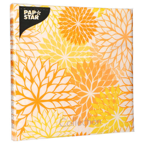 Eine Packung mit 20 3-lagigen Servietten (40 cm x 40 cm, 1/4-Falz) der PAPSTAR GmbH zeigt ein gelb-oranges Blumenmuster auf Weiß, wobei der Markenname in der oberen linken Ecke sichtbar ist.