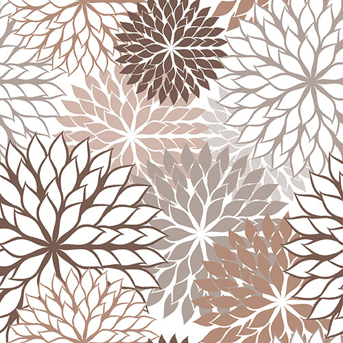 PAPSTAR 20 Servietten (40 x 40 cm, 3-lagig) von der PAPSTAR GmbH zeigen ein sich wiederholendes Muster aus großen, überlappenden stilisierten Blumenformen in Braun, Beige und Grau auf Weiß, mit spitzen, blattähnlichen Blütenblättern in kreisförmigen Anordnungen.
