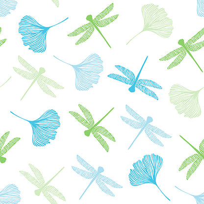 Ein nahtloses Muster aus stilisierten Libellen und Ginkgoblättern in Blau und Grün ziert die PAPSTAR 20 Servietten (40x40 cm, 3-lagig, 1/4-Falz) der PAPSTAR GmbH. Auf weißem Untergrund erscheinen gleichmäßig verteilte Elemente in verschiedenen Richtungen.