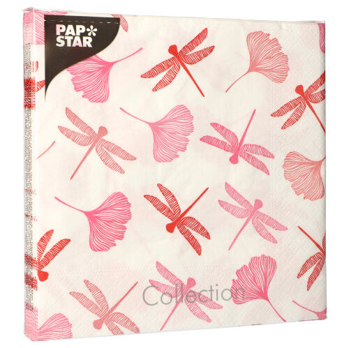Die PAPSTAR 20 Servietten (40x40 cm, 3-lagig, 1/4-Falz) der PAPSTAR GmbH zeigen rosa und rote Libellen und Ginkgoblätter auf weißem Grund, mit dem „PAP STAR“-Logo oben links und „Collection“ unten für eine weiche Haptik.