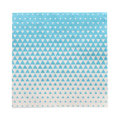 Ein 20er Pack 3-lagige Servietten (25 cm x 25 cm, 1/4-Falz) der PAPSTAR GmbH mit blau-weißem kleinen Dreiecksverlauf – oben dichter, unten dünner.