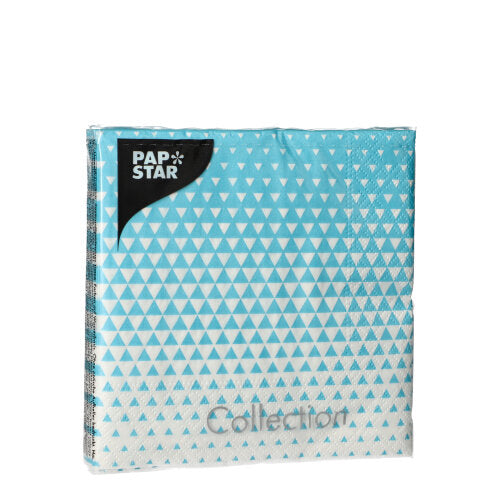 Eine Packung 20 Servietten der PAPSTAR GmbH, 25 cm x 25 cm, 3-lagig, 1/4-Falz, mit einem blau-weißen geometrischen Dreiecksmuster, abgebildet auf weißem Hintergrund.