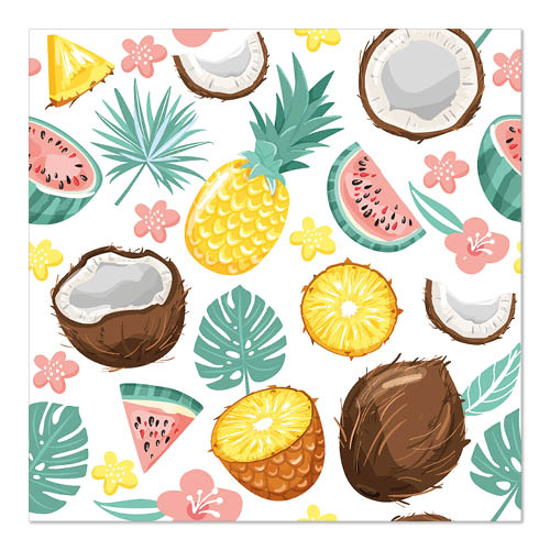 Ein nahtloses Muster aus Ananas, Kokosnüssen, Wassermelonenscheiben, tropischen Blättern und Blumen auf Weiß - ideal für PAPSTAR 20 Servietten, 33 cm x 33 cm 3-lagig 1/4-Falz Design Set 5 von PAPSTAR GmbH.