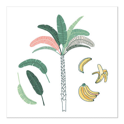 The illustration of a banana tree with green and pink leaves, three individual leaves on the left side, and three banana clusters adorns the PAPSTAR GmbH napkins 33x33 cm, 3-ply, design set 2 (20 napkins).