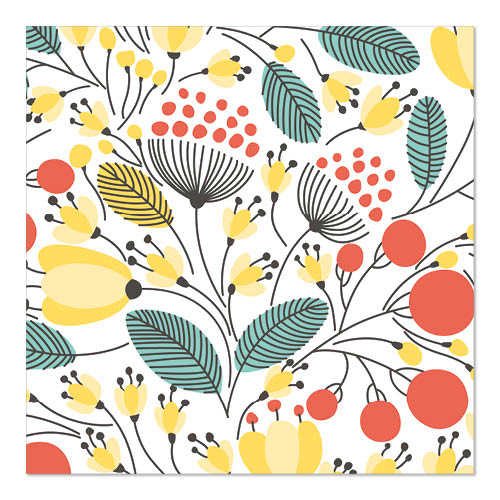 Die PAPSTAR 20 Servietten, 33 cm x 33 cm, 3-lagig von PAPSTAR GmbH zeigen stilisierte Blumen und Blätter in Gelb, Rot, Petrol und Schwarz auf Weiß - perfekt für eine lebendige Tischgestaltung.