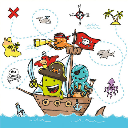 Cartoon sea creatures as pirates and doodled treasures adorn the PAPSTAR GmbH 20 napkins, 33x33 cm, 3-ply, 1/4 fold design set 2 - perfect napkins for any themed party.