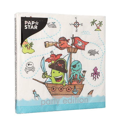 The PAPSTAR 20 napkins (33x33 cm, 3-ply, 1/4 fold, design set 2) from PAPSTAR GmbH feature cartoon sea creatures as pirates on a ship with pirate symbols and a treasure map in the background.