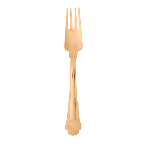Eine PAPSTAR 6 Gabeln, Holz „pure“ 19,5 cm „Vintage“-Gabel der PAPSTAR GmbH steht aufrecht vor einem schlichten weißen Hintergrund und präsentiert ihr schlichtes Design und den dezent dekorativen Griff.