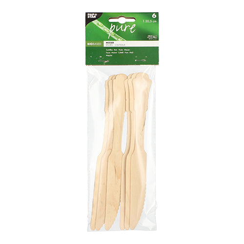 Die PAPSTAR 6 Messer, Holz „pure“ 20,5 cm „Vintage“ (6 Stück) von PAPSTAR GmbH sind Holzmesser in einer Klarsichtverpackung, ideal als nachhaltiger Küchenhelfer für umweltfreundliche Küchen.