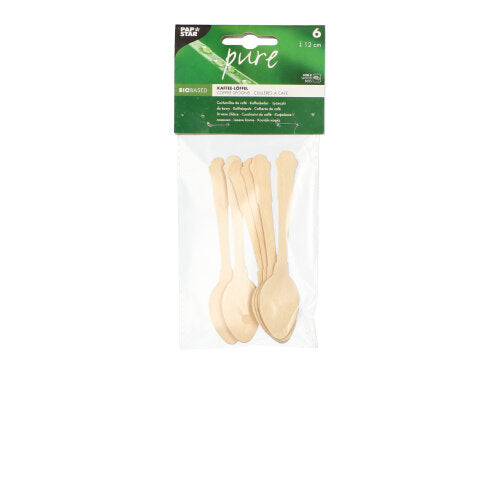 In einem transparenten Plastikbeutel befinden sich sechs Kaffeelöffel (12 cm) aus Holz im Vintage-Stil „pure“ der PAPSTAR GmbH mit umweltfreundlichen Details und einem grünen Etikett auf der Oberseite, auf dem Marke, Produktname und Beschreibung zu sehen sind.