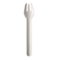A single PAPSTAR paper fork "pure", 15.5 cm, white, environmentally friendly is depicted upright on a white background. This environmentally friendly paper fork from PAPSTAR GmbH offers a sustainable alternative to conventional cutlery.
