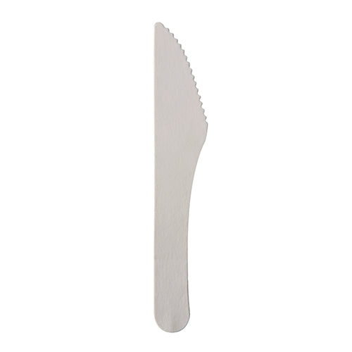Ein PAPSTAR 20 Messer, Papier „pure“ 15,8 cm weiss (Beutel mit 20 Stück) von PAPSTAR GmbH auf weißem Hintergrund, das perfekte umweltfreundliche Einwegbesteck für nachhaltige Veranstaltungen und Papierbesteck-Einsätze.