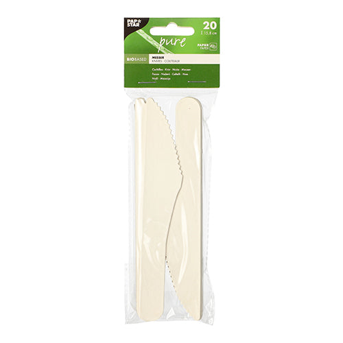 In einer Klarsichtverpackung befinden sich 20 weiße PAPSTAR Papiermesser (15,8 cm) mit der Aufschrift „pure“. Die umweltfreundlichen Einwegmesser eignen sich perfekt für nachhaltige Events.