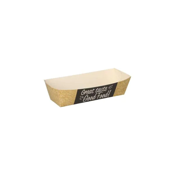 Ein rechteckiger, umweltfreundlicher PAPSTAR 50 Snacktrays aus braunem Karton mit schwarzem Seitenetikett "Great taste Good Food!" in weißer Schrift der PAPSTAR GmbH ist leer auf weißem Hintergrund abgebildet.