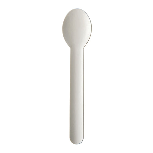 Against a white background, an eco-friendly, white PAPSTAR spoon made of paper "pure" (15.5 cm, 20 pieces) by PAPSTAR GmbH can be seen.