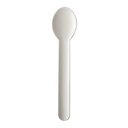 Against a white background, an eco-friendly, white PAPSTAR spoon made of paper "pure" (15.5 cm, 20 pieces) by PAPSTAR GmbH can be seen.