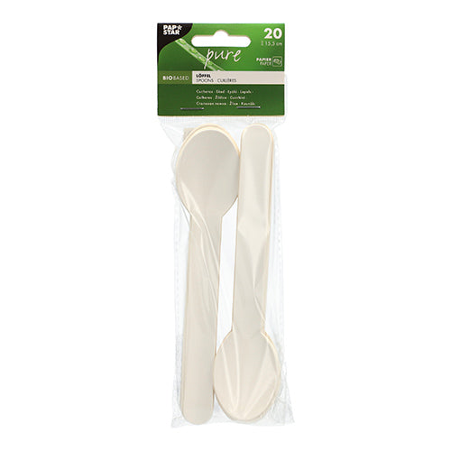 In a clear package from PAPSTAR GmbH, there are 20 white, eco-friendly paper spoons ("pure", 15.5 cm), neatly stacked and clearly visible behind a green-white top label with product information.