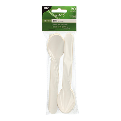 In a clear package from PAPSTAR GmbH, there are 20 white, eco-friendly paper spoons ("pure", 15.5 cm), neatly stacked and clearly visible behind a green-white top label with product information.