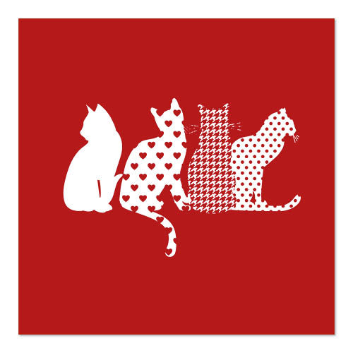 Vier weiße Katzensilhouetten - einfarbig, Herzen, Hahnentritt, Punkte - sitzen von links nach rechts auf einem roten Hintergrund. PAPSTAR 20 Servietten, 33x33 cm, 3-lagig, 1/4-Falz rot von PAPSTAR GmbH.