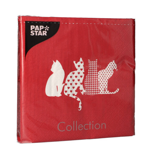 Die PAPSTAR 20 Servietten (33x33 cm, 3-lagig, rot) der PAPSTAR GmbH zeigen vier weiße Katzensilhouetten in verschiedenen Designs und setzen damit einen verspielten Akzent auf dem gedeckten Tisch.