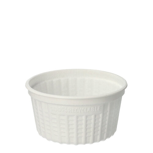 Ein Starpak 25 Suppenbecher, PP "To Go" Ø 11,5 cm in weiß mit strukturierter Oberfläche und "100% RECYCLABLE" Prägung an der Seite, 500 ml Fassungsvermögen, leer auf weißem Hintergrund dargestellt.