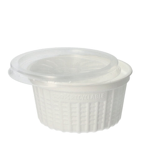 Der Starpak 25 Suppenbecher, PP "To Go" Ø 11,5 cm in weiß ist ein kleiner, runder 500 ml Suppenbecher mit klarem Deckel und strukturierten Seiten, auf denen "Recyclable" eingeprägt ist, abgebildet auf einem schlichten weißen Hintergrund.