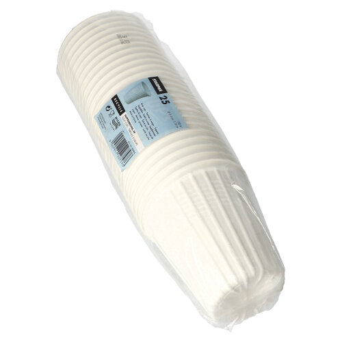 Ein Stapel Starpak 25 Suppenbecher "To Go" (PP, weiß, Ø11,5 cm), verpackt in klarem Plastik mit einem blau-weißen Etikett - ideal für Suppen zum Mitnehmen.