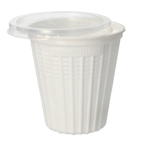 Ein Starpak 25 Suppenbecher, PP "To Go" Ø 11,5 cm weiß (500 ml) mit klarem Kunststoffdeckel, beide sauber und unbenutzt, werden vor einem schlichten weißen Hintergrund gezeigt.