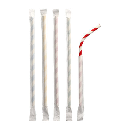 Five PAPSTAR paper straws (Ø 6 mm, 20 cm, flexible, individually wrapped) stand upright: four with pastel-colored stripes, one red and white striped and bent at the top end.