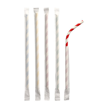 Five PAPSTAR paper straws (Ø 6 mm, 20 cm, flexible, individually wrapped) stand upright: four with pastel-colored stripes, one red and white striped and bent at the top end.