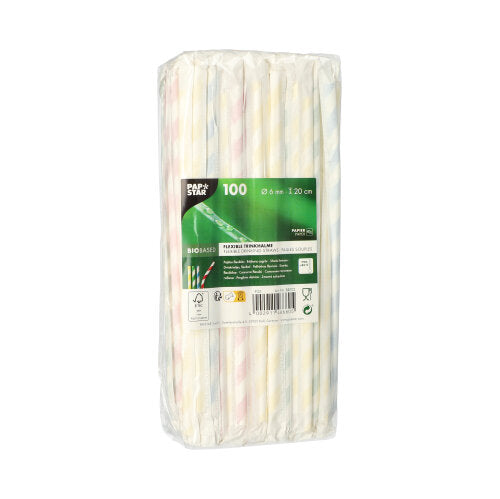 A clear packaging contains 100 PAPSTAR paper straws (Ø 6 mm, 20 cm), individually wrapped. The packaging shows the straws and includes product information with the brand of PAPSTAR GmbH and the barcode.