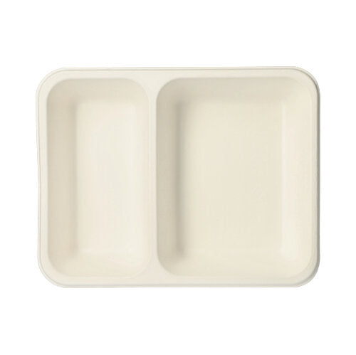 Die PAPSTAR 125 Siegelschalen aus biologisch abbaubarem Zuckerrohr sind rechteckig, beige und 2-geteilt – ideal für nachhaltige Servierlösungen. Hergestellt von PAPSTAR GmbH, perfekt vor neutralem weißen Hintergrund präsentierbar.