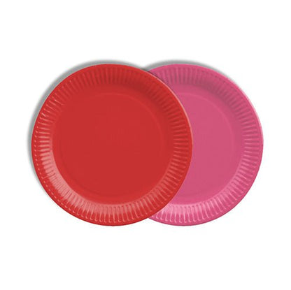 Depicted are two stacked PAPSTAR 12 plates, cardboard round Ø 18 cm color assorted by PAPSTAR GmbH: one solid red, one pink. Both eco-friendly plates with a ribbed edge stand on a plain white background.