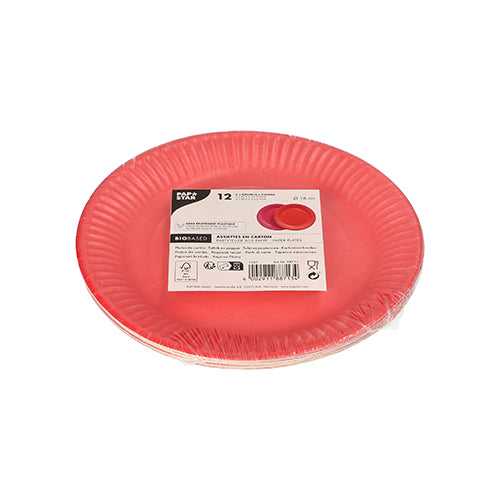 Abgebildet ist eine Packung mit zwölf PAPSTAR 12 Tellern, Pappe rund Ø 18 cm farbig sortiert von der PAPSTAR GmbH, verpackt in durchsichtigem Kunststoff, mit einem weißen Etikett in der Mitte, auf dem Produktinformationen, Symbole und ein Strichcode stehen.