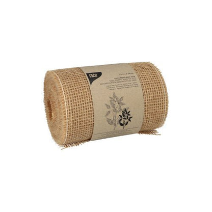The PAPSTAR decorative ribbon jute 10 m natural on a roll from PAPSTAR GmbH is a natural-colored jute ribbon with a lattice pattern, ideal for decorations and creative projects. It is delivered with a beige label with black text and plant motif on a white background.