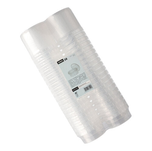 Die Packung Starpak 38 Feinkostbecher enthält 38 durchsichtige, runde 180-ml-PP-Becher (Ø 9,5 cm, H 4,5 cm) mit Originalitätsdeckel, gestapelt und in Schrumpffolie verpackt mit einem zentralen weißen Etikett mit Produktdetails – ideal zum Servieren von Feinkostprodukten.