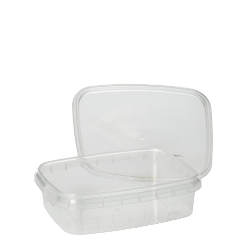 The Starpak 50 delicatessen cup is a transparent, rectangular food container made of PP with an originality seal, depicted open and empty on a plain white background.