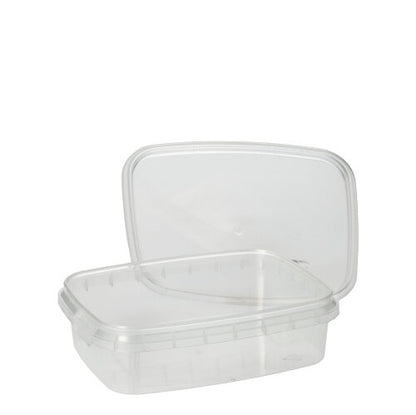 The Starpak 50 delicatessen cup is a transparent, rectangular food container made of PP with an originality seal, depicted open and empty on a plain white background.