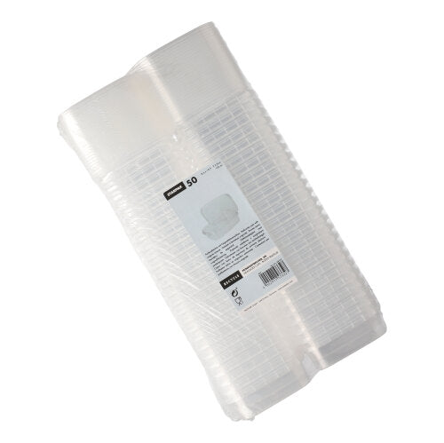 A stack of Starpak 50 delicatessen cups, PP transparent and rectangular with originality seal, is wrapped in plastic and carries a white label with product info, barcode, and safety seal.