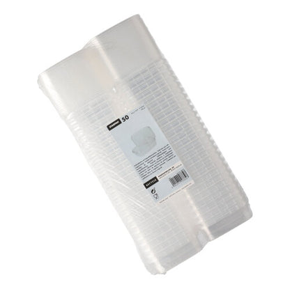 A stack of Starpak 50 delicatessen cups, PP transparent and rectangular with originality seal, is wrapped in plastic and carries a white label with product info, barcode, and safety seal.