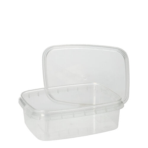 Behind its slightly larger matching transparent lid is a Starpak 50 delicatessen cup, a clear rectangular PP food container with an originality seal lid. Brand: Starpak.