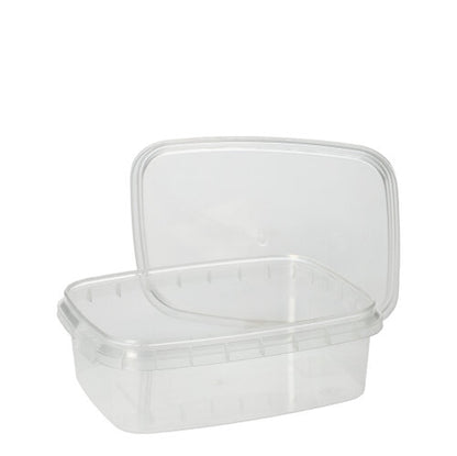 Behind its slightly larger matching transparent lid is a Starpak 50 delicatessen cup, a clear rectangular PP food container with an originality seal lid. Brand: Starpak.