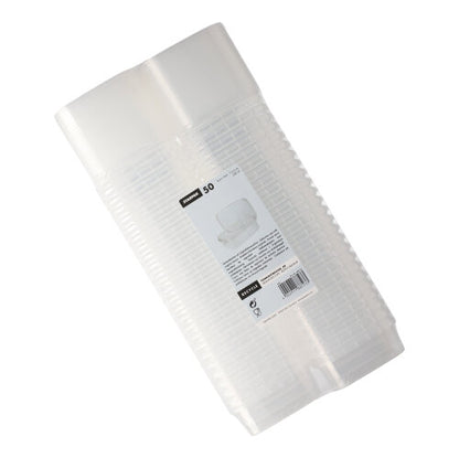 A stack of 50 Starpak delicatessen cups, PP transparent with rectangular originality seal, in clear packaging with a white label with product information and barcode.
