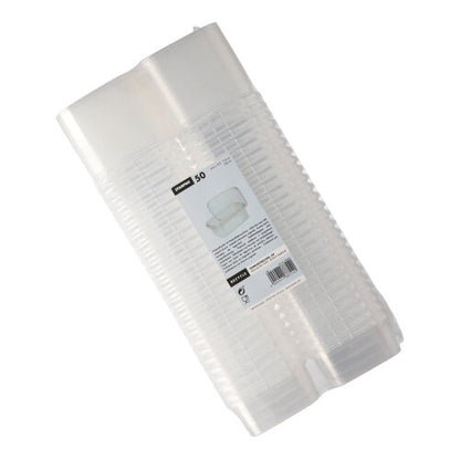 A sealed pack of 50 Starpak delicatessen cups, transparent rectangular disposable cups made of PP with an originality seal for safety and a label on the front showing the Starpak brand and product details.