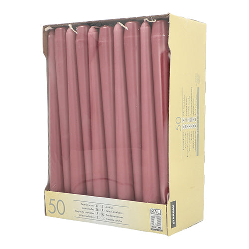 In einer beigen Starpak-Schachtel mit Klarsichtfenster stehen 50 rosa Leuchterkerzen (2,2 cm × 25 cm) aufrecht. Die Produktinformation ist auf der unteren Vorderseite aufgedruckt.