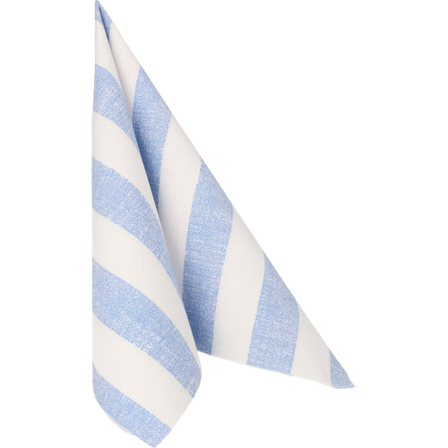 Eine blaue PAPSTAR GmbH "ROYAL Collection" 40 x 40 cm Serviette mit breiten Diagonalstreifen hängt vor einem schlichten weißen Hintergrund und unterstreicht die Eleganz der PAPSTAR 50 Servietten in großzügigem Format.