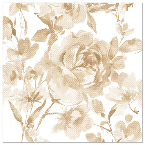 Ein zartes, aquarellartiges, beigefarbenes Blumendesign mit abstrakten Rosen ziert die PAPSTAR 50 Servietten "ROYAL Collection" 1/4-Falz 40x40 cm in Sand der PAPSTAR GmbH - perfekt für jeden elegant gedeckten Tisch.