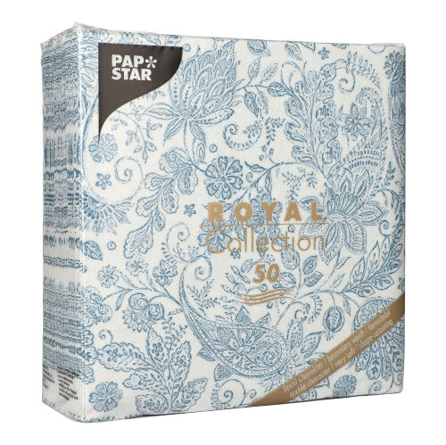 Eine Packung mit 50 PAPSTAR Royal Collection Servietten (40 x 40 cm, blau, 1/4-Faltung) von PAPSTAR GmbH. Mit luxuriösem Design, ideal für elegante Anlässe.
