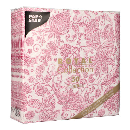 Ein 50er-Pack PAPSTAR Servietten "ROYAL Collection" 1/4-Falz (40 x 40 cm) in elegantem Fuchsia der PAPSTAR GmbH, in stilvollem Design und Markenverpackung.